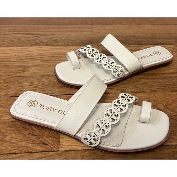 Tory Burch Tiny Miller Toe Ring Leather Sandal Ivory White Size 8.5 Logo - Picture 1 of 16